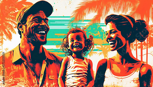 dusty retro risoprint style illustration of happy family on tropical island new quality creative travel stock image illustration design, Generative AI © Serhii