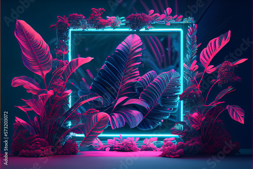 Fototapeta Naklejka Na Ścianę i Meble -  Tropical leaves in vibrant bold gradient holographic neon colors. Creative fluorescent color layout made of tropical leaves with neon light square. Flat lay. Nature concept. High quality ai generated