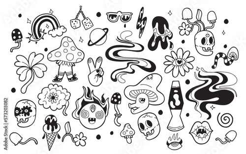 Big hand drawn set with psychedelic characters and objects in bold line design. Isolated vector illustration with acid abstracts