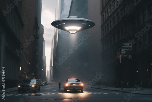 UFO flies over city skyline. Generative AI.
