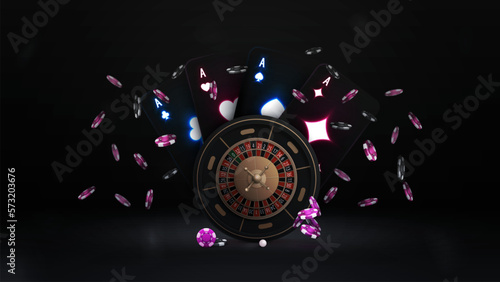 Casino Roulette wheel with black playing cards with glowing neon lights and chips in dark scene
