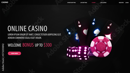 Online casino, black web banner with offer, black playing cards, dice and casino chips