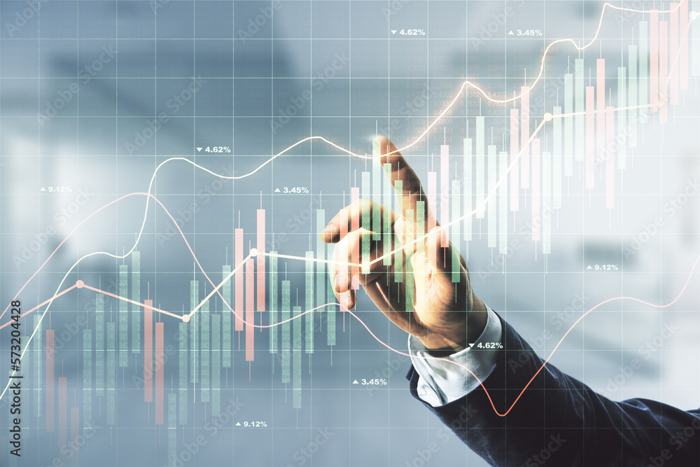 Multi exposure of analyst hand with pen working with virtual abstract financial diagram on blurred office background, banking and accounting concept Multi exposure of analyst hand with pen working with virtual abstract financial diagram on blurred office background, banking and accounting concept