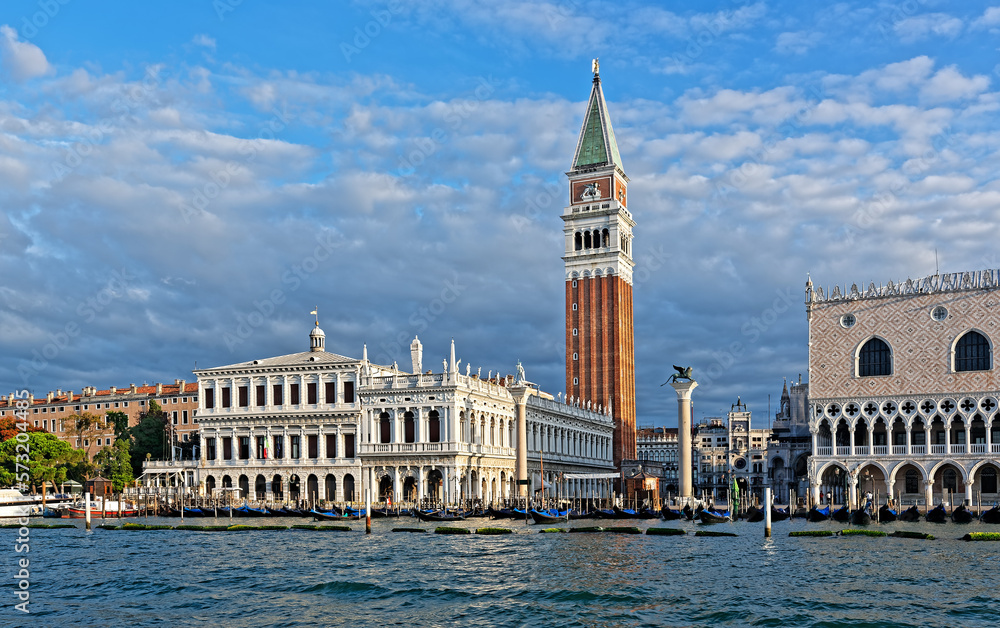 Grand Canal with St Mark Campanile bell tower, San Marco Square, Palazzo Ducale, Doge Palace, in Venice, Italy. Early morning view.