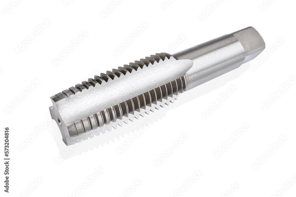 Thread tap four straight flute for CNC machine. Cutting tool make thread for right screws. Material high speed steel. Isolate on white background. Thread tap four straight flute for CNC machine. Cutting tool make thread for right screws. Material high speed steel. Isolate on white background.