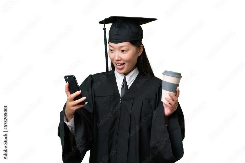 Young university graduate Asian woman over isolated background holding coffee to take away and a mobile Young university graduate Asian woman over isolated background holding coffee to take away and a mobile