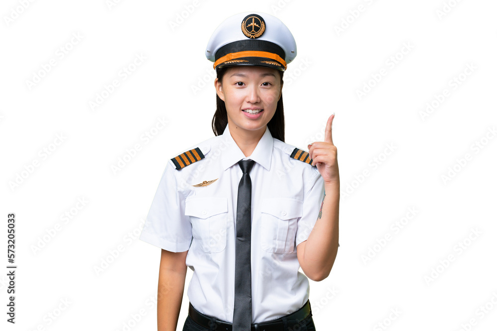 Airplane pilot Asian woman over isolated background pointing with the index finger a great idea Airplane pilot Asian woman over isolated background pointing with the index finger a great idea
