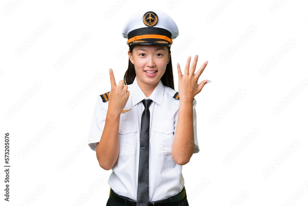 Airplane pilot Asian woman over isolated background counting six with fingers Airplane pilot Asian woman over isolated background counting six with fingers