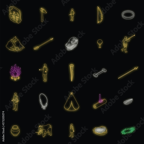 Stone age icons set. Isometric set of stone age vector icons neon color on black