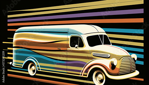 vintage retro style illustration of a mini van car with colorful speed lines background, new quality transport stock image wallpaper design, Generative AI
