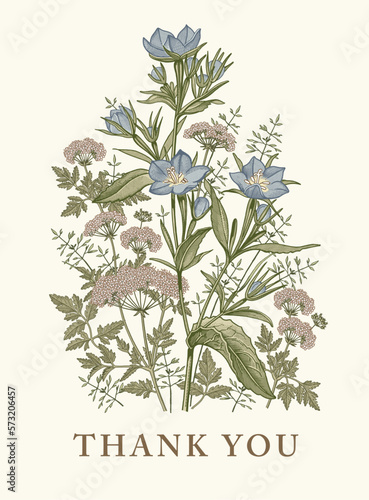 Wedding invitation. Thank you. Bluebells Hemlock tree isolated. Beautiful blooming realistic flowers. Vintage greeting card Frame. Drawing engraving. Wallpaper baroque. Vector victorian illustration
