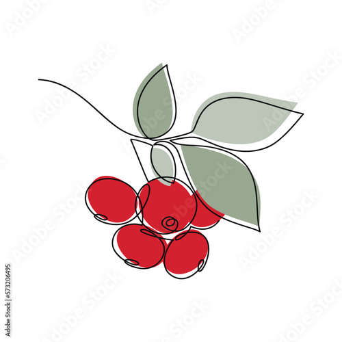 Red berries brunch vector one line continuous drawing illustration. Hand drawn linear silhouette icon. Minimal design element for print, banner, card, wall art poster, brochure, postcard.