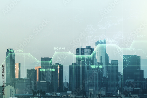 Multi exposure of creative statistics data hologram on Los Angeles skyscrapers background, stats and analytics concept