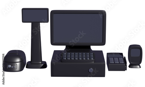 Set of cash register equipment isolated on white background for point of sale. 3d rendering     