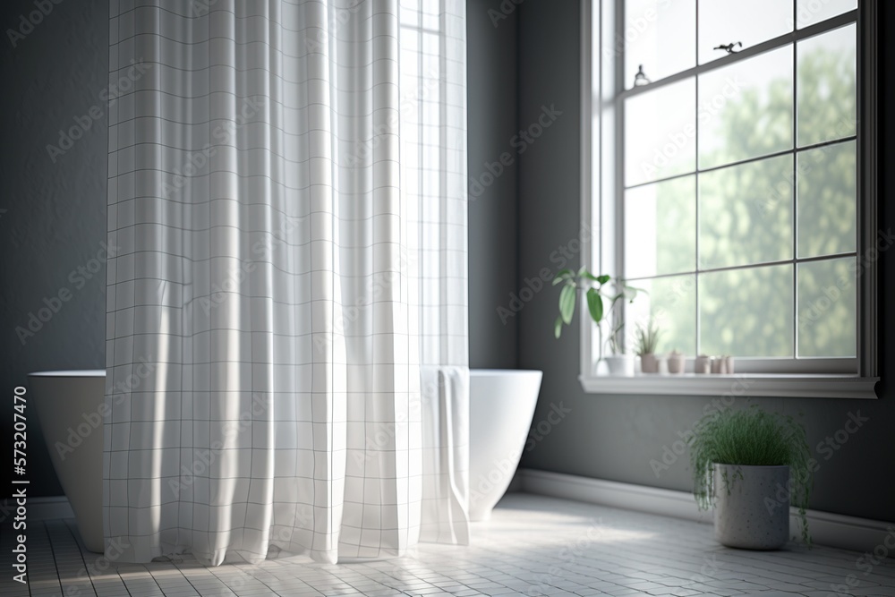 Fototapeta premium Contemporary checkered gauze shower curtain in the bathroom, ai generative.