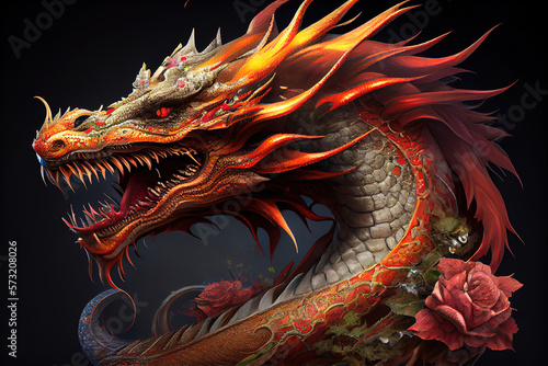 Fire red of full traditional chinese dragon. Chinese Lunar New Year. Happy chinese new year 2024. Years of the Dragon. Generative AI technology