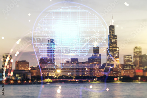 Double exposure of creative human head microcircuit hologram on Chicago office buildings background. Future technology and AI concept