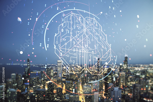 Double exposure of creative artificial Intelligence interface on Chicago city skyscrapers background. Neural networks and machine learning concept