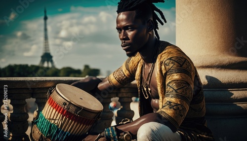 Young african musician, man playing bongo drum outdoors, AI generative photo