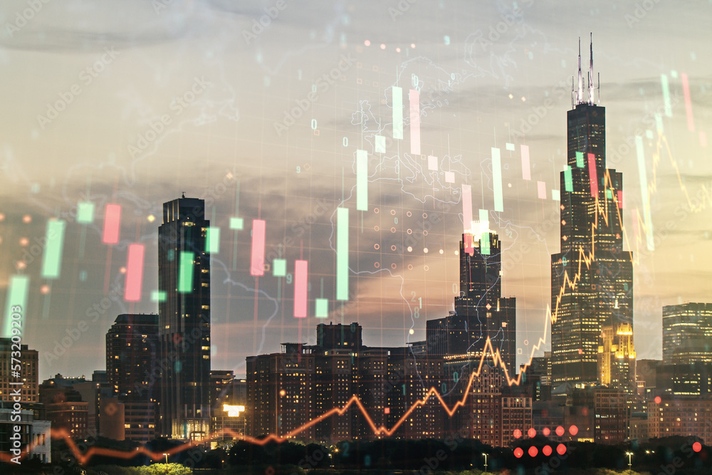 Obraz premium Multi exposure of virtual abstract financial graph hologram and world map on Chicago cityscape background, financial and trading concept