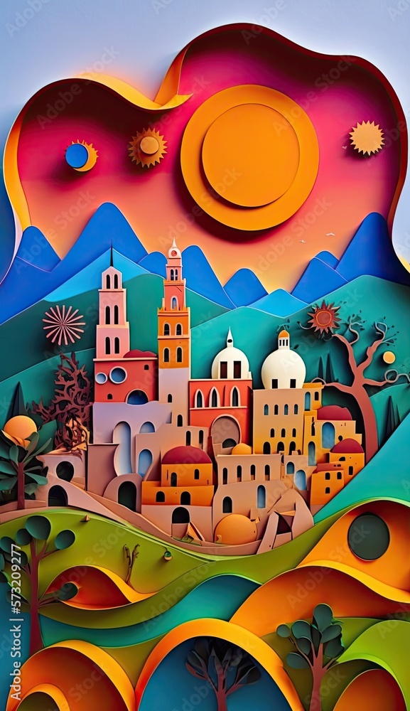 Spain, paper art collage from layered colored paper, travel background, AI generative