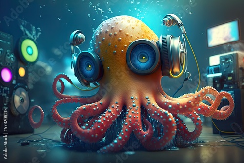 Funky cute octopus in earphones listening music or deejay in night club underwater. AI generative photo