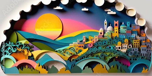 Portugal, paper art collage, layered colored paper, travel panoramic background, banner panorama, AI generative