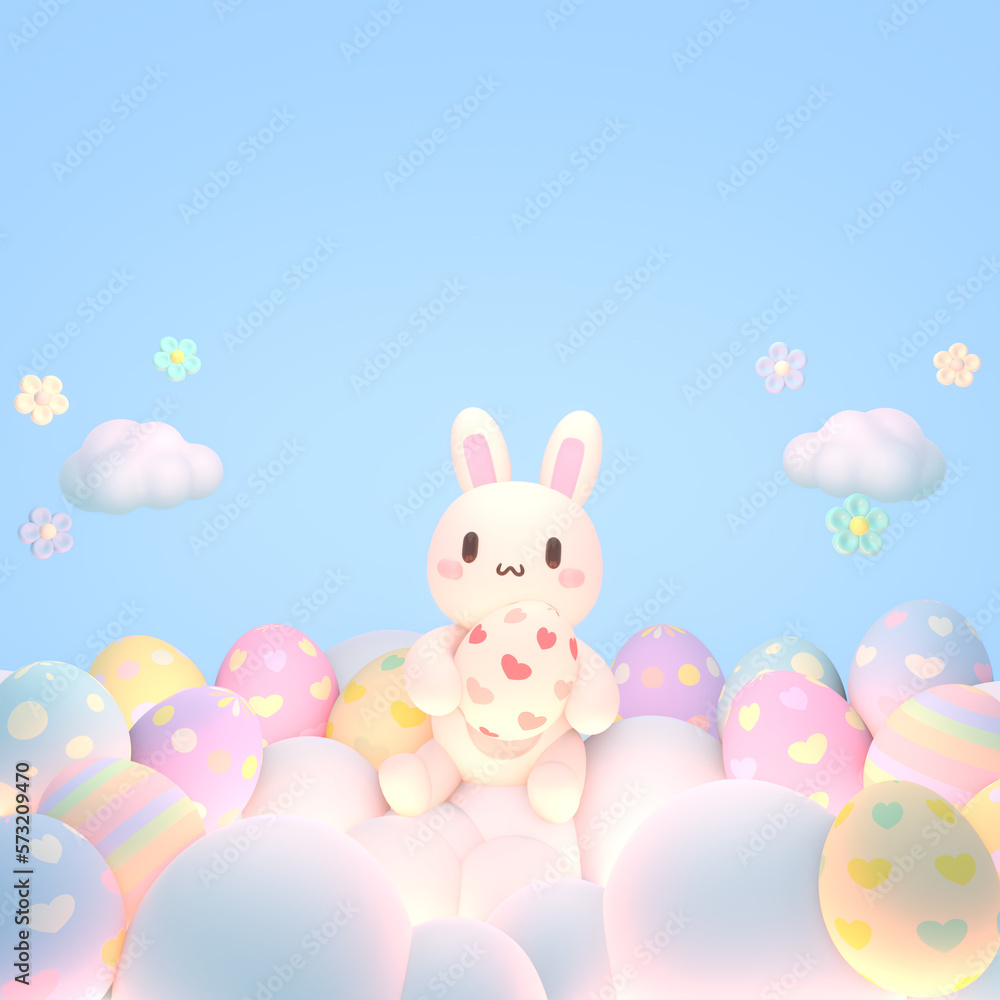 Obraz premium 3d rendered cartoon bunny holding an Easter egg sitting on the clouds.