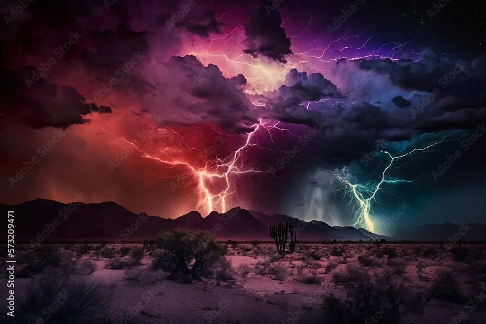 Multicolor lightning in the desert, dark night-- landscape.