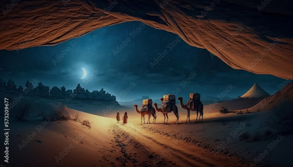 Camels in the desert at night, caravan on the sand dunes, crescent moon on starry sky, Ramadan concept. AI generative - obrazy, fototapety, plakaty 