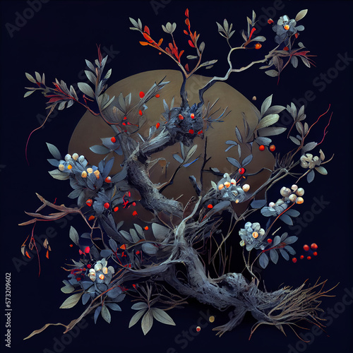 Tree of Prunus spinosa  called blackthorn or sloe. Japanese umeboshi. Moon in background  dark background. Japanese Culture  Taoists. Generative AI technology