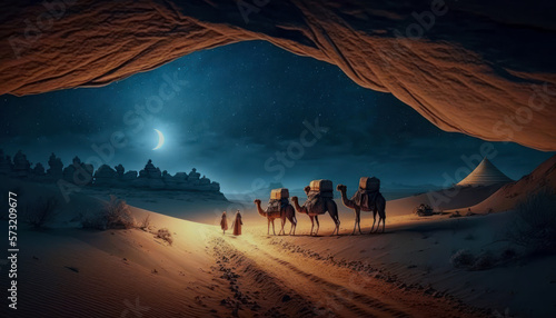 Fotografiet Camels in the desert at night, caravan on the sand dunes, crescent moon on starry sky, Ramadan concept
