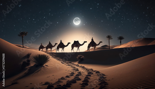 Camels in the desert at night, long caravan on the sand dunes, fullmoon on starry sky. AI generative photo