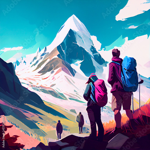 Tourist travel in the mountains. Back view. Landscape Illustration. AI Generative