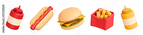 3D Fast food set emoji. Burger, hot dog, french fries and sauce bottle. American combo meal with hamburger, ketchup and mustard. Cartoon creative design icon isolated on white background. 3D Rendering