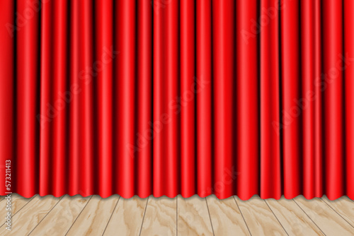 Theater stage with wooden floor and red curtains. Backstage. Realistic 3D vector illustration.