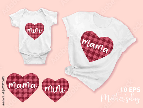 Mother s Day. Template with a checkered hearts and the inscriptions MAMA and MINI