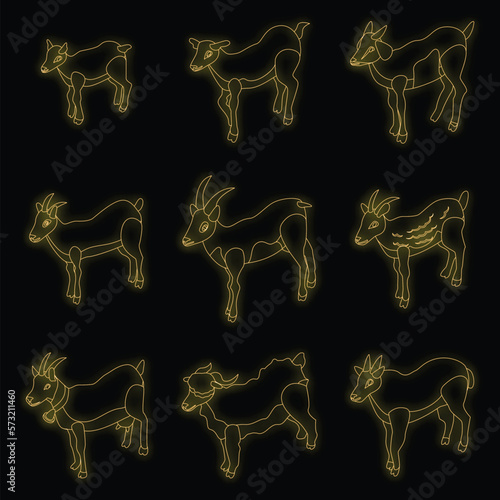 Goat icons set. Isometric set of goat vector icons neon color on black
