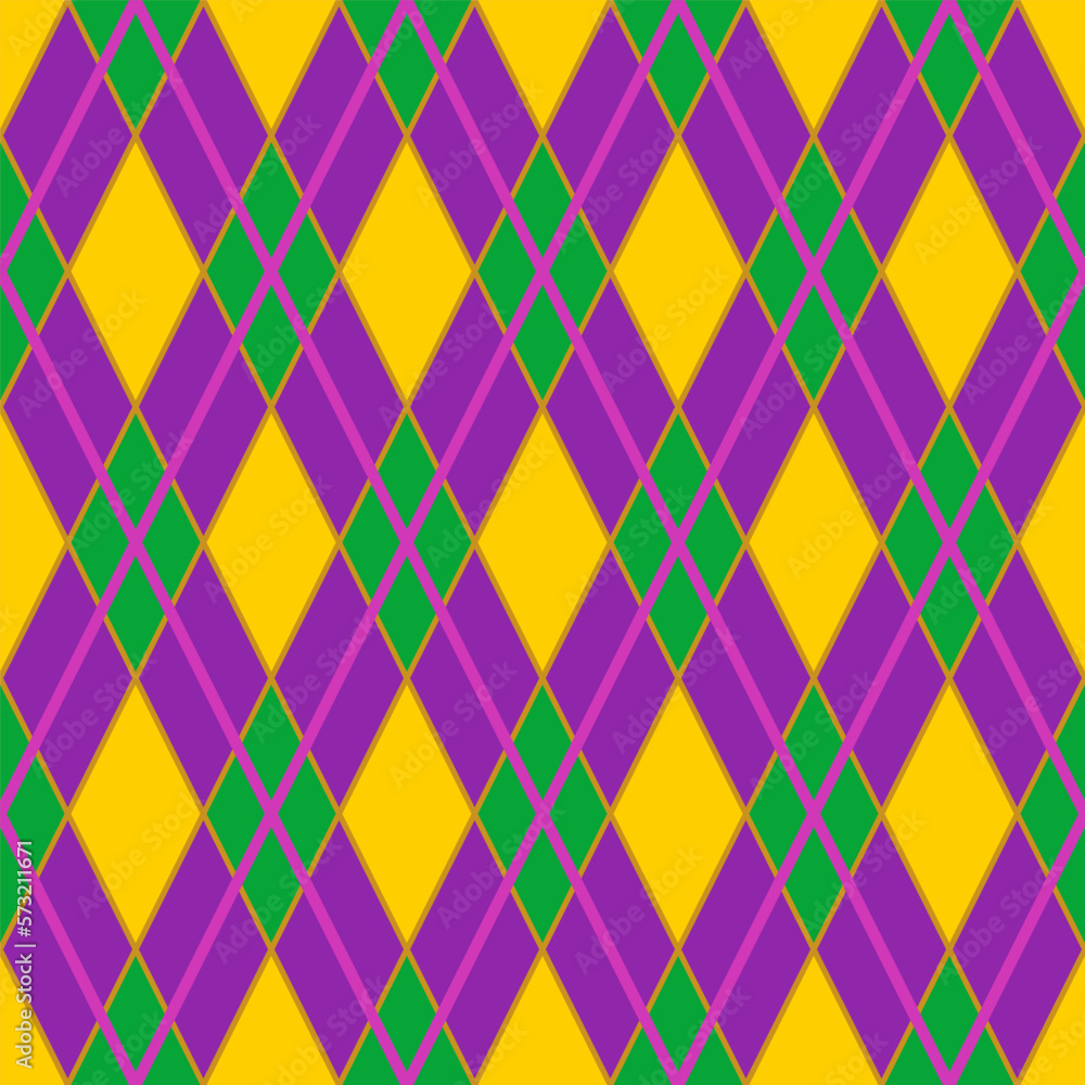 Mardi Gras seamless pattern with green, purple and yellow diamond. Abstract geometric background.