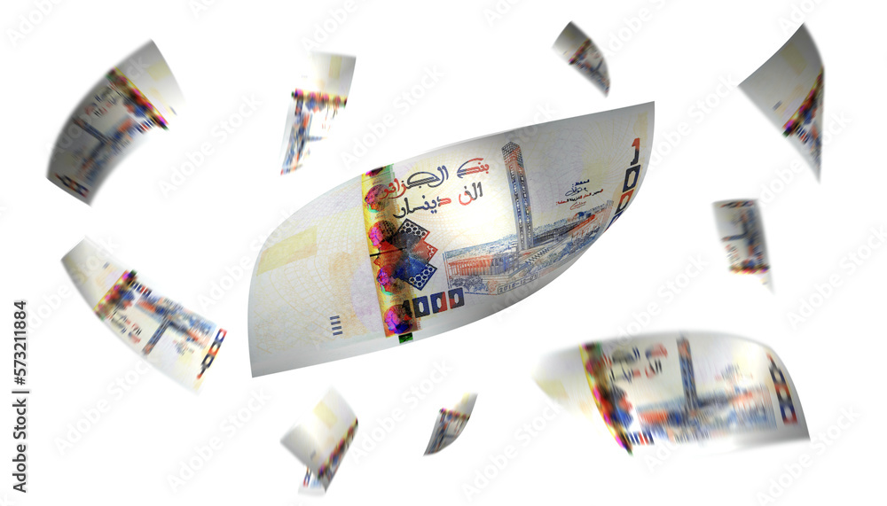 3D Illustration of Algeria 1,000 Dinars Flying Money Banknote