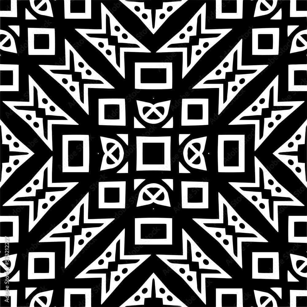 Vector geometric seamless pattern. Minimal ornamental background with abstract shapes. Black and white mandala. Simple abstract ornament background. Dark repeat design for decor, fabric, cloth. Vector geometric seamless pattern. Minimal ornamental background with abstract shapes. Black and white mandala. Simple abstract ornament background. Dark repeat design for decor, fabric, cloth.