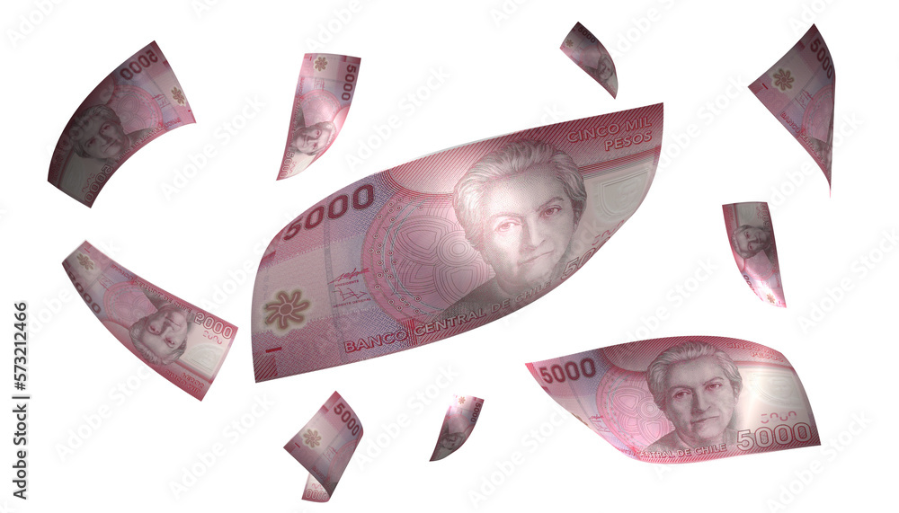 3D Render Set of Flying Chile 5000 Pesos Money Banknote