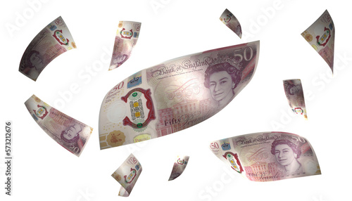 3D Render Set of Flying England 50 Pounds Money Banknote