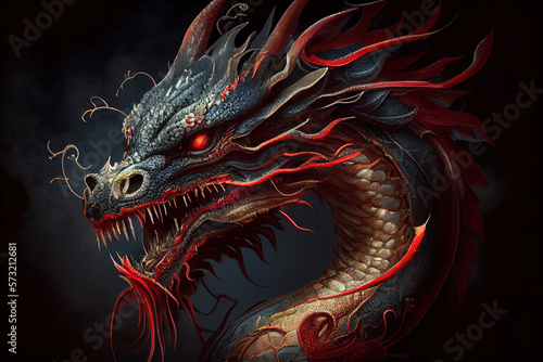 Fire red of full traditional chinese dragon. Chinese Lunar New Year. Happy chinese new year 2024. Years of the Dragon. Generative AI technology © Luisa