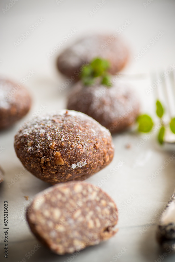 chocolate sweet cakes from mashed biscuits with additives