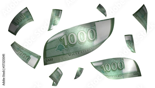 3D Render Set of Flying Lebanon 1000 Livres Money Banknote
