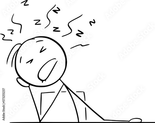 Tired Person Sleeping Behind Desk, Vector Cartoon Stick Figure Illustration