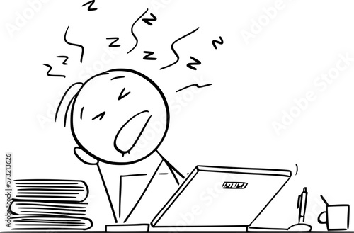 Tired Person Sleeping Behind Desk, Vector Cartoon Stick Figure Illustration