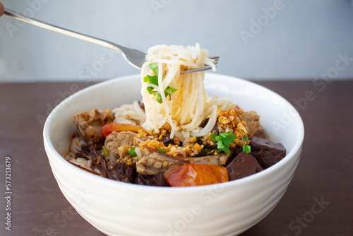 Rice vermicelli with northern Thai curry sauce, Nam ngiao, Northern Thai cuisine.