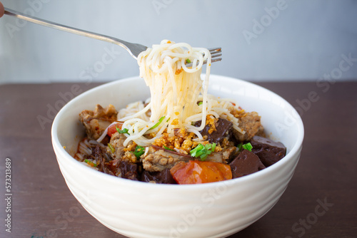Rice vermicelli with northern Thai curry sauce, Nam ngiao, Northern Thai cuisine.